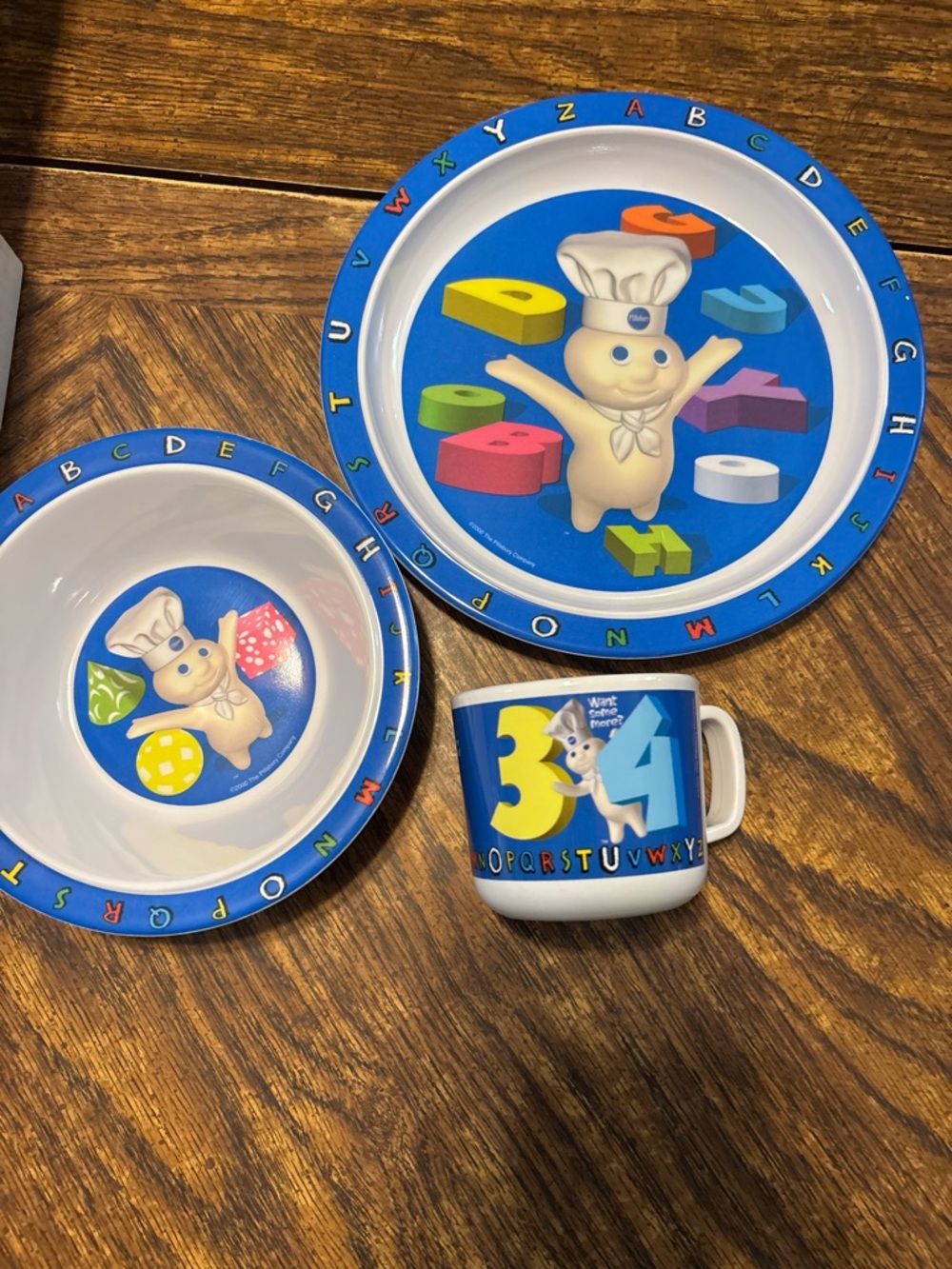 Pillsbury dough boy Blue Alphabet Kids Dinnerware Set - Plate Bowl Mug